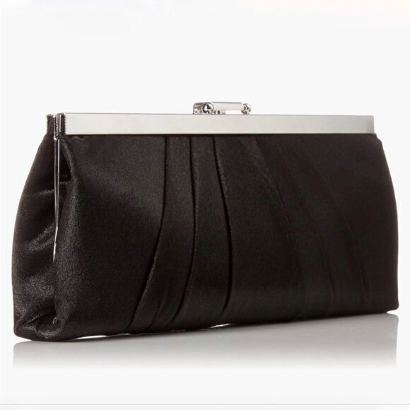 Jessica McClintock Satin Black Frame Clutch with Silver Shoulder Chain - Picture 1 of 7
